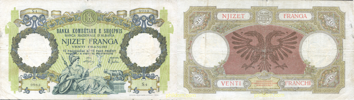 ALBANIA SHQIPERISE 20 FRANCHI 1939