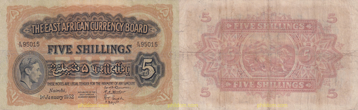 BRITISH EAST AFRICA BANKNOTE 5 SHILLINGS 1952 QUEEN ELIZABETH NAIROBI