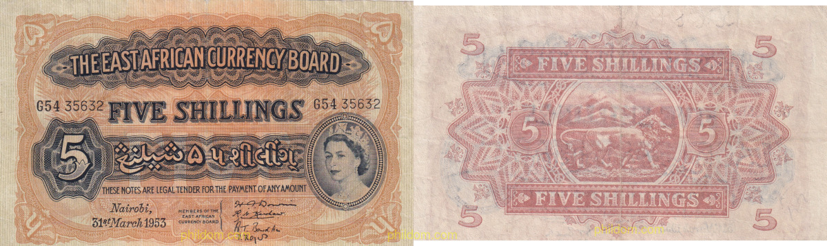 BRITISH EAST AFRICA BANKNOTE 5 SHILLINGS 1953 QUEEN ELIZABETH NAIROBI