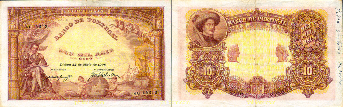 PORTUGAL 10.000 RÉIS – CHAPA 3 – OURO 1908