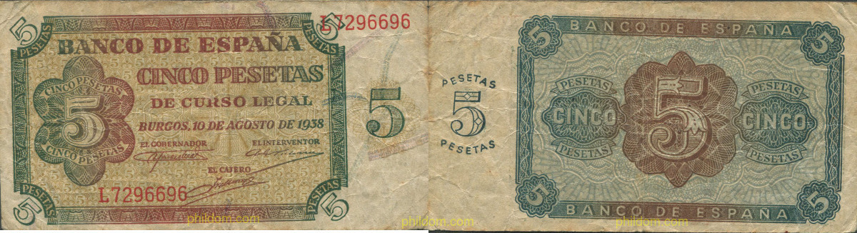 5 Pesetas Estado español Burgos 10 de agosto de 1938