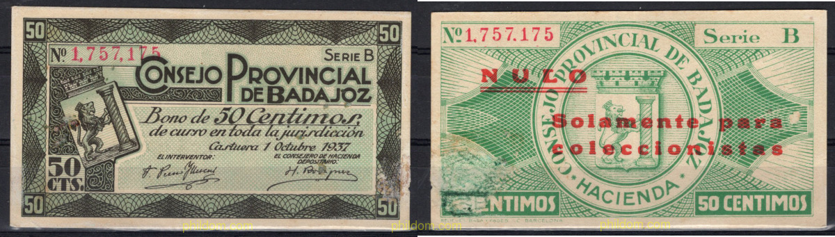 50 CENTIMOS BADAJOZ 1937 NULO SOLO PARA COLECCIONISTAS