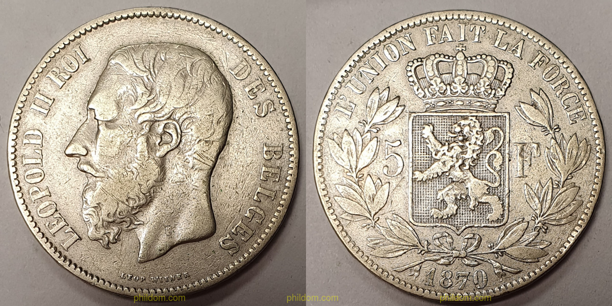 1870 BELGIUM 5 FRANCS – 5 FRANC SILVER