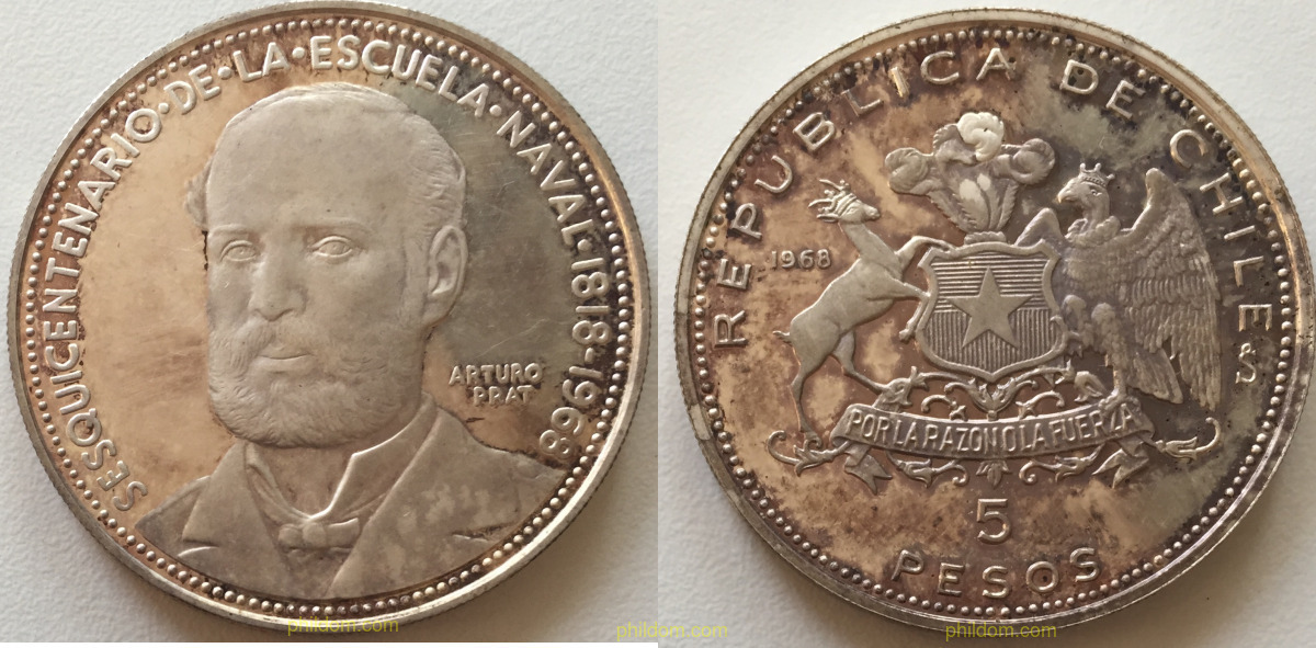 1968 CHILE 5 PESOS PROOF ESCUELA NAVAL ACADEMY SILVER PLATA PHILDOM