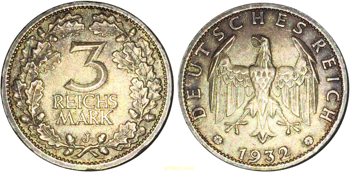3 MARK GERMANY ALEMANIA 1932 J SILVER