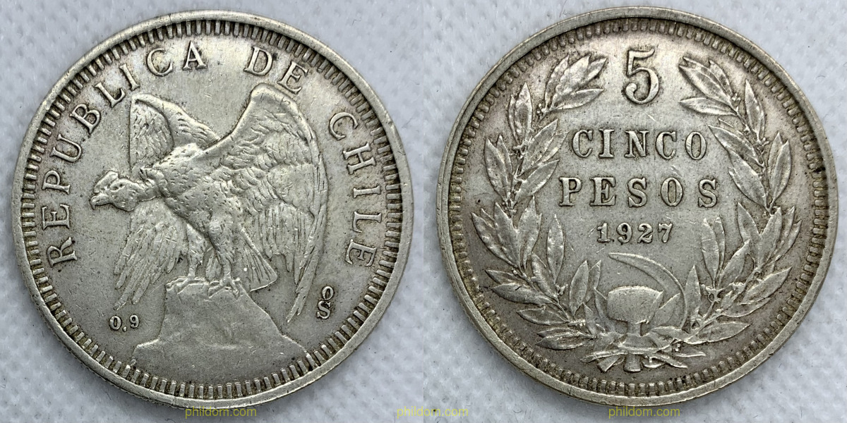 CHILE 5 PESOS 1927 SILVER PLATA