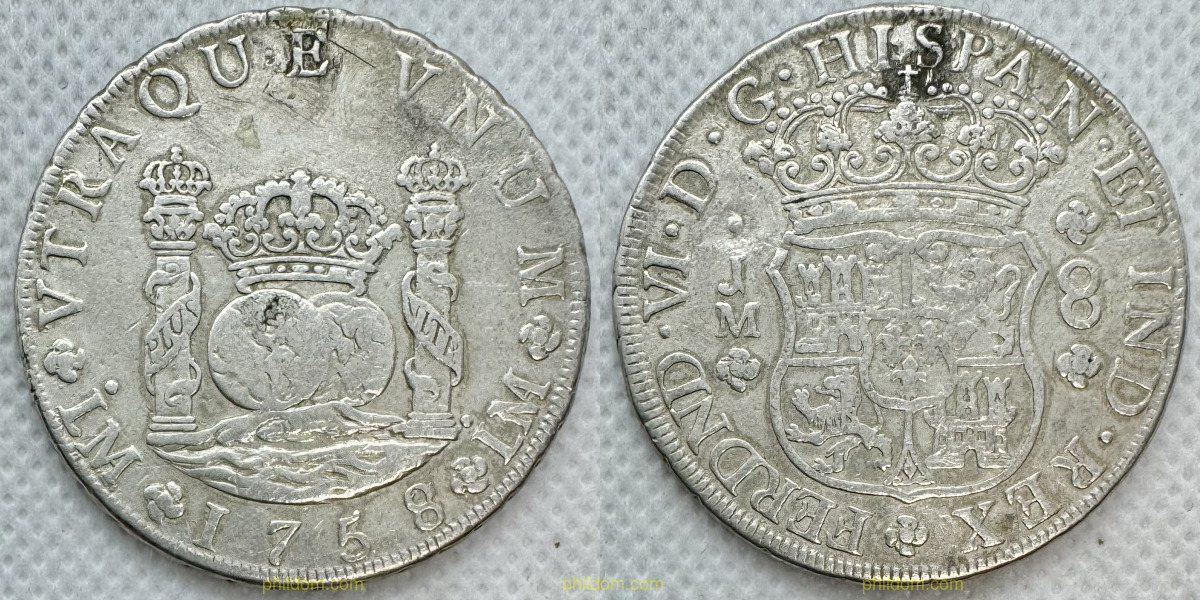 FERNANDO VI 8 REALES 1758 LIMA JM COLUMNARIO
