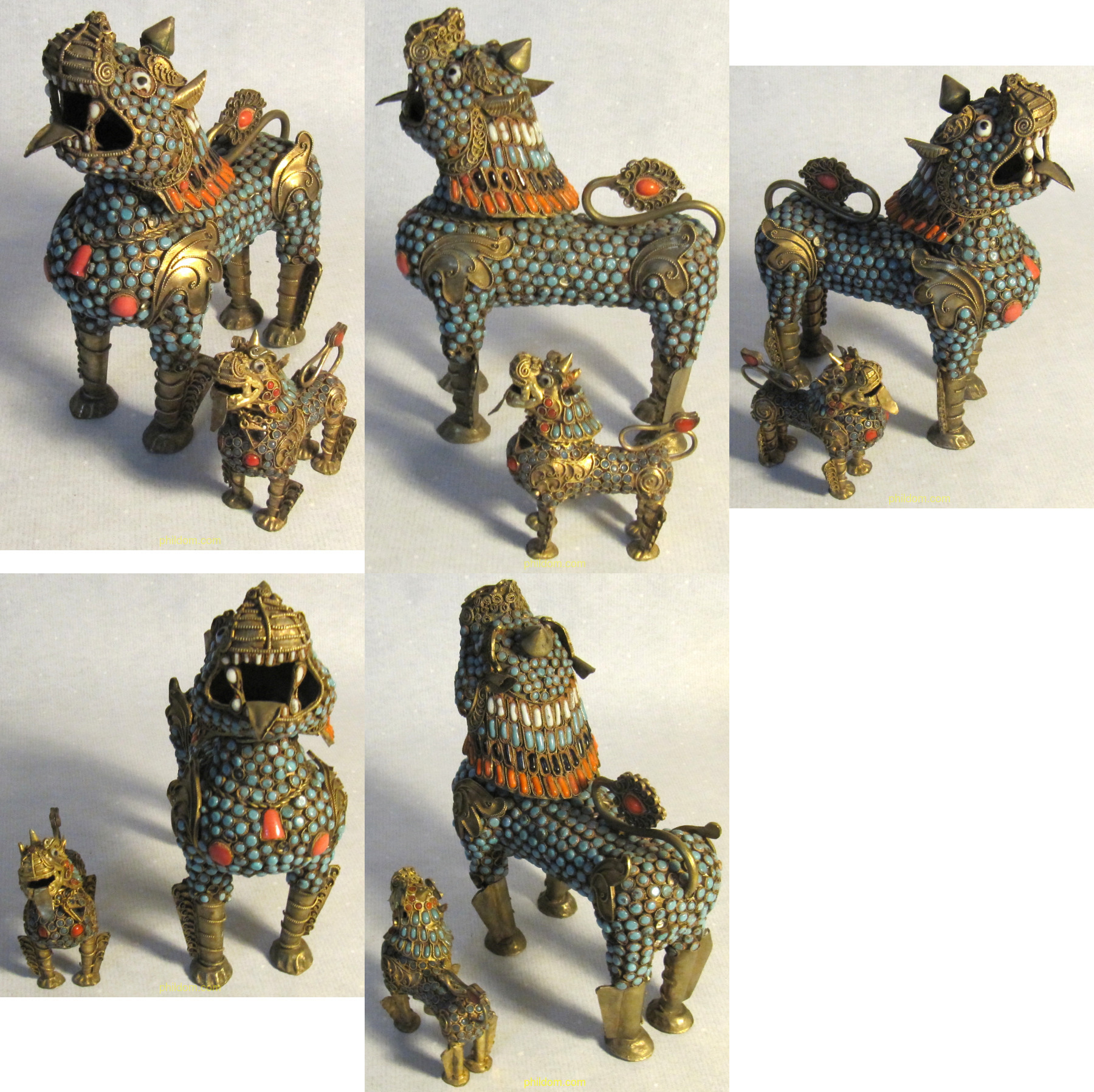 PAREJA PERRO FOO TIBETANO. CON INCRUSTACIONES DE TURQUESA Y CORAL